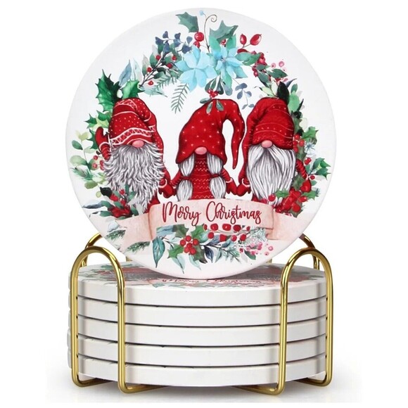 NEW Gnome Christmas Bar Coasters Set of 6 Absorbent Stone Coasters w Holder - Picture 1 of 7